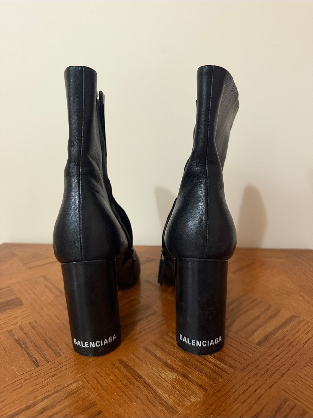 Balenciaga Black Leather Logo Block Heel Ankle Boots